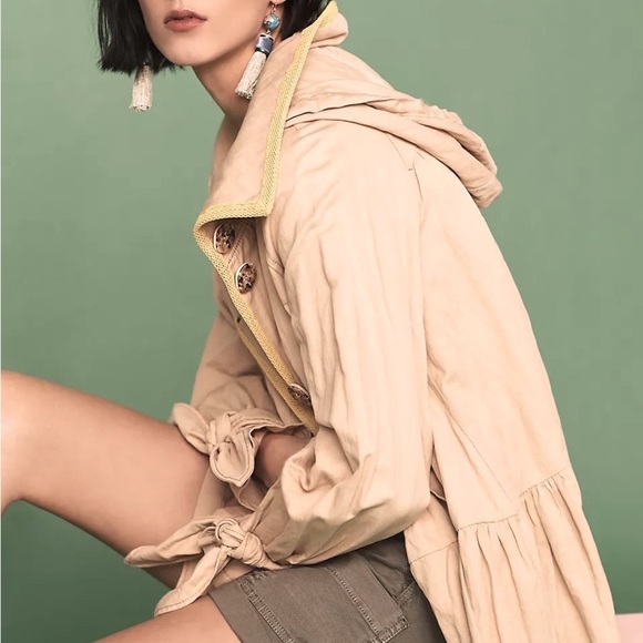 Anthro Hei Hei Khaki Tiered Swing Neon Yellow Mesh Accented Tie Cuff Trench Coat - Picture 7 of 16